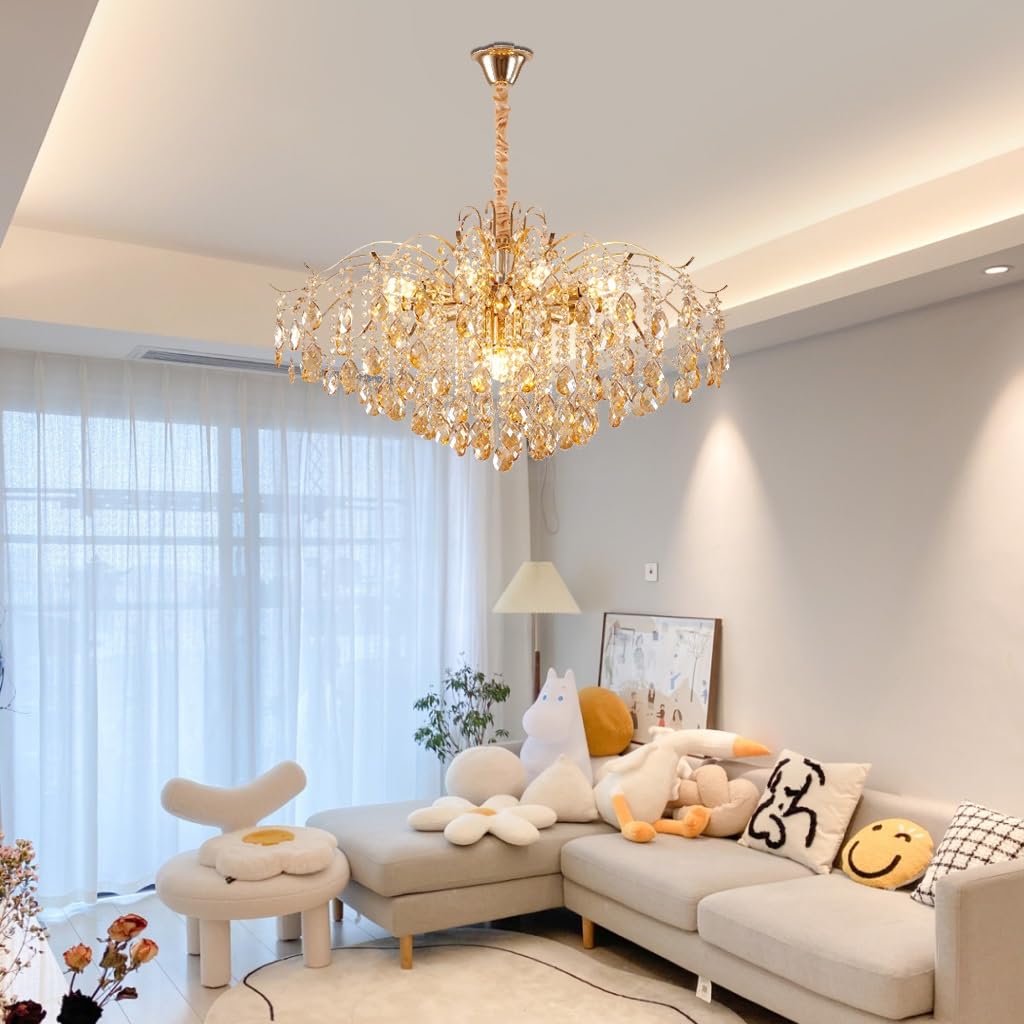 Kristall Gold Kronleuchte Moderne Pendelleuchte, Kristall Lampenschirm Hängelampe Für Lampe Wohnzimmer Esszimmer, Pendellampe Mit E14 Lüster Für Schlafzimmer Küche Villa, Deckenleuchte(80CM)