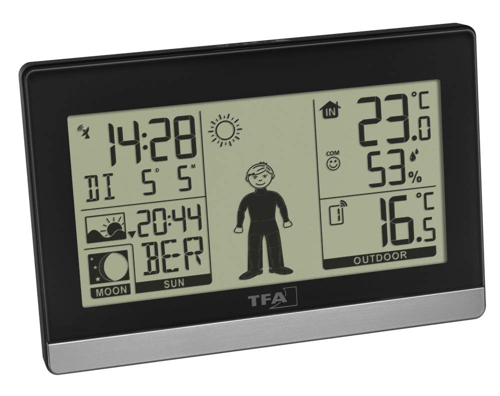 TFA Dostmann Stazione meteo radio Weather Boy, 35.1159, temperatura esterna/interna, previsioni meteo, fase lunare/sole e tramonti (nero con batterie)