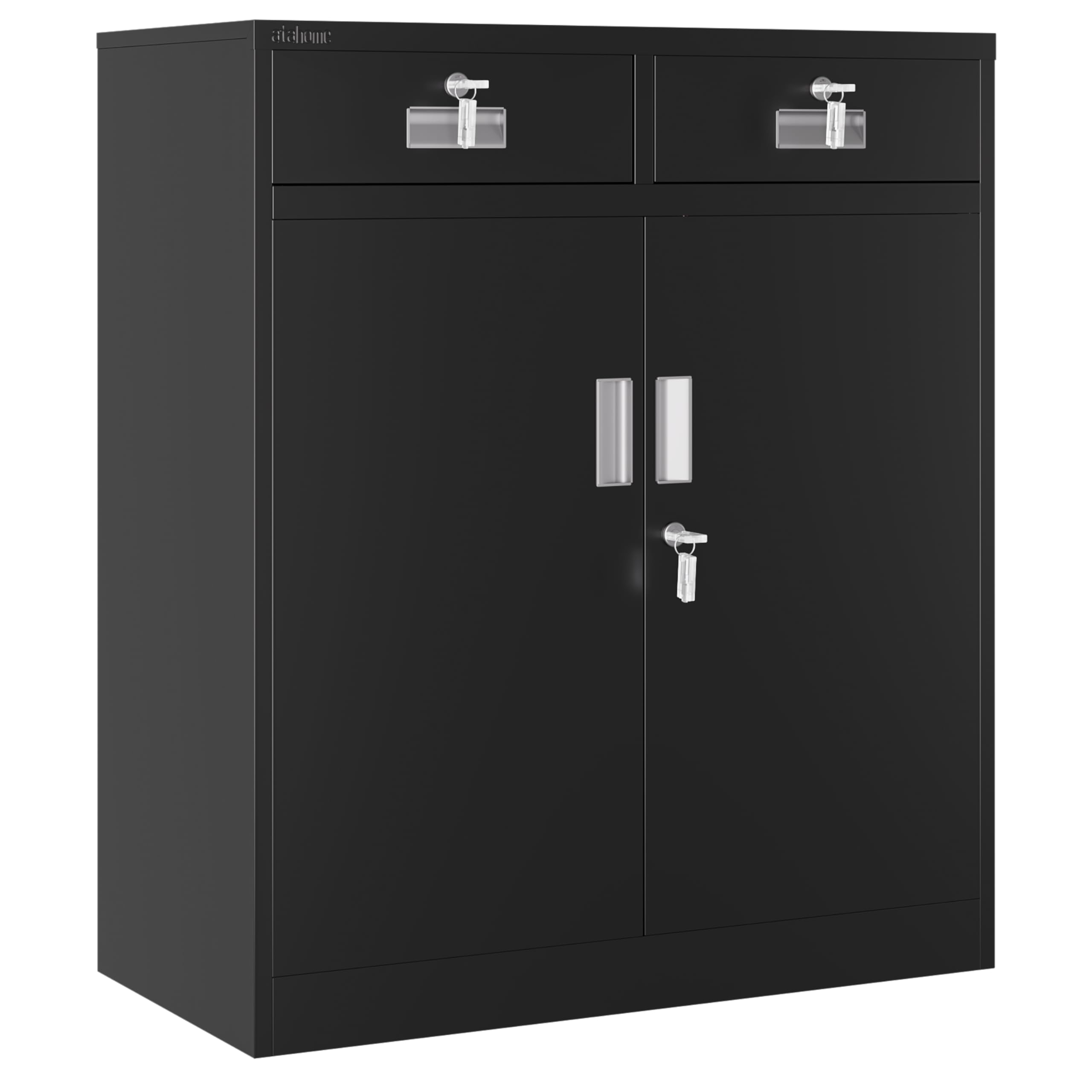 Atahome Metal Cabinet Storage Cupboard Lockable Steel Cabinet Locking Doors, 2 Drawers & Adjustable Shelf – Home, Office, Garage, Kitchen, Pantry 92 x 80 x 40 cm (H x W x D) Smyrna (Smyrna, Black)