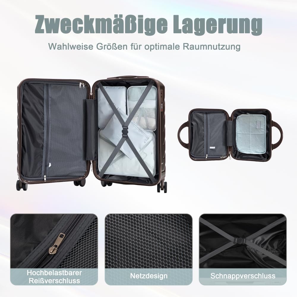 Zestaw walizek z tworzywa ABS, z zamkiem szyfrowym, walizka podróżna z rolkami, twarda obudowa, na podróż, urlop, bagaż podręczny i podróż służbową (brązowy + ABS)