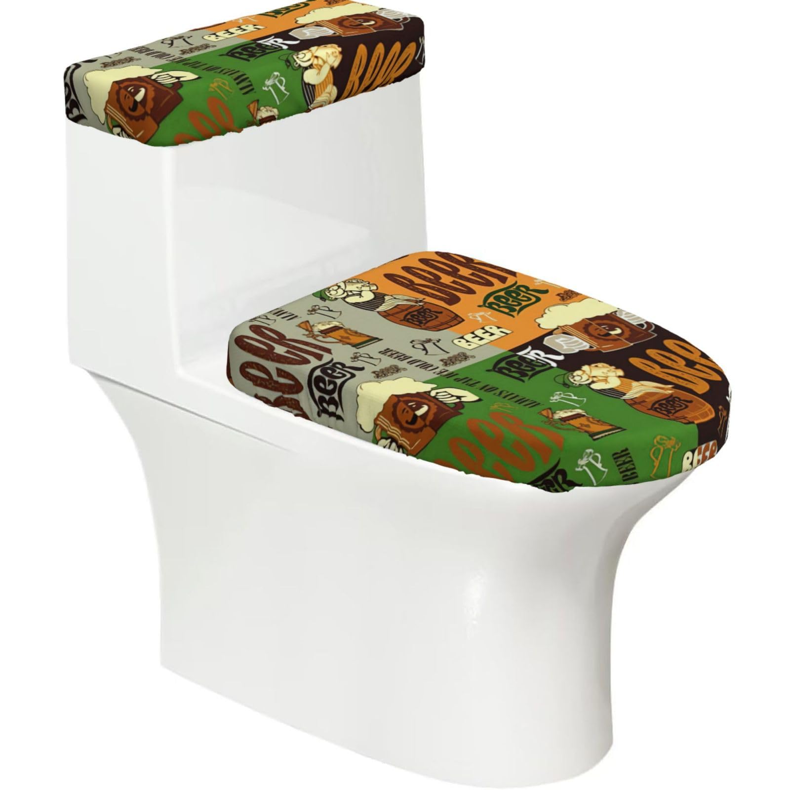 Beer Print 2-Piece Stretch Toilet Cover Set, Elastic Breathable Toilet Seat and Tank Lid Protector