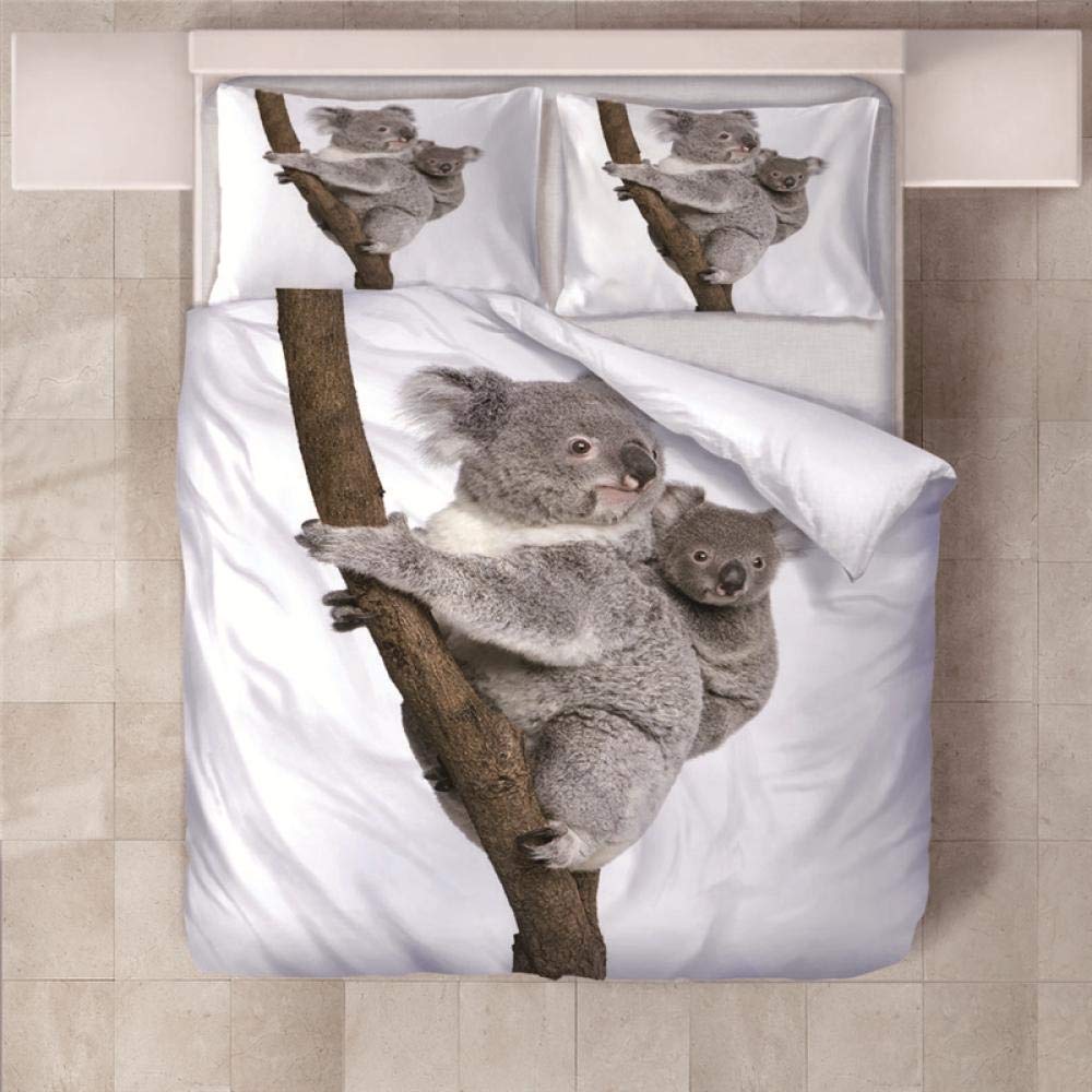 Jkcloth White Duvet Cover With 2 Pillowcases 3D Printed Koala Bedding Set With Zipper Closure Unique Design Anti-Allergic Duvet Cover Set Single - 140X200cm