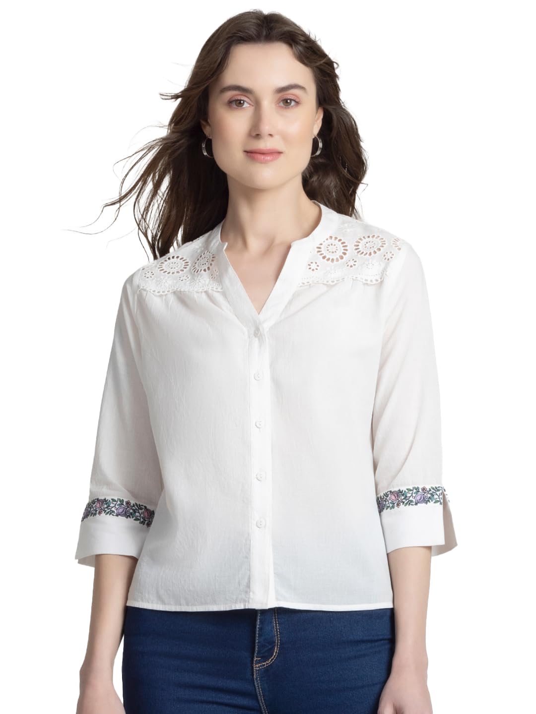 Band Collar White Embroidered Three-Quarter Sleeves Casual Tops for Women-image-31