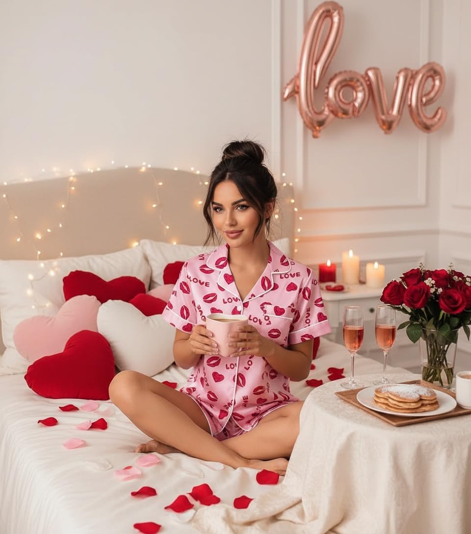 Ekouaer Womens Silk Satin Pajama Set Print Short Sleeve Sleepwear Button Down Pjs Shorts Set Loungewear - Image 2