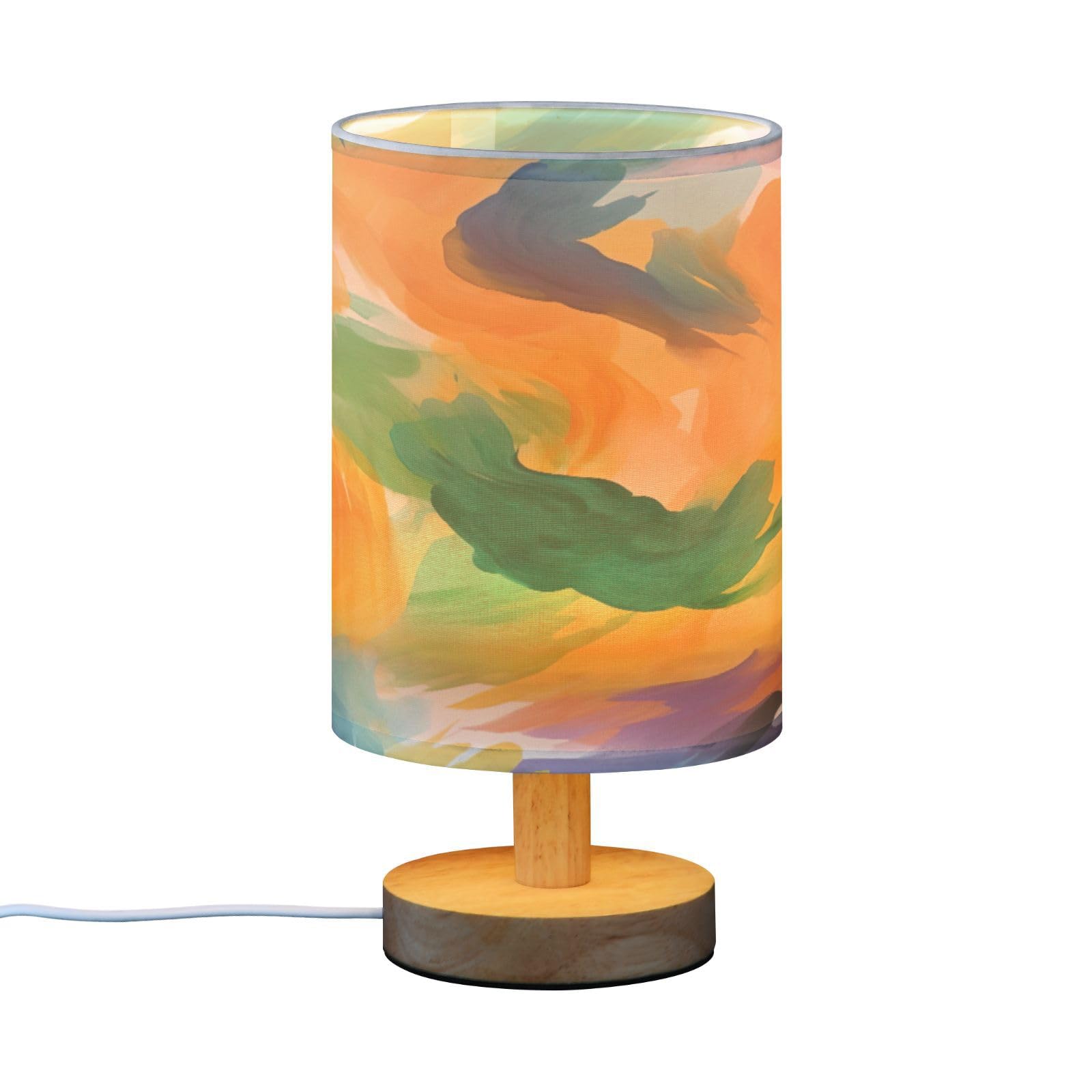 SDMKA Abstract Watercolor Texture Bedside Table Lamp for Bedroom, Minimalist Nightstand Lamp with Round Fabric Shade for Living Room, Office, No Bulb Required