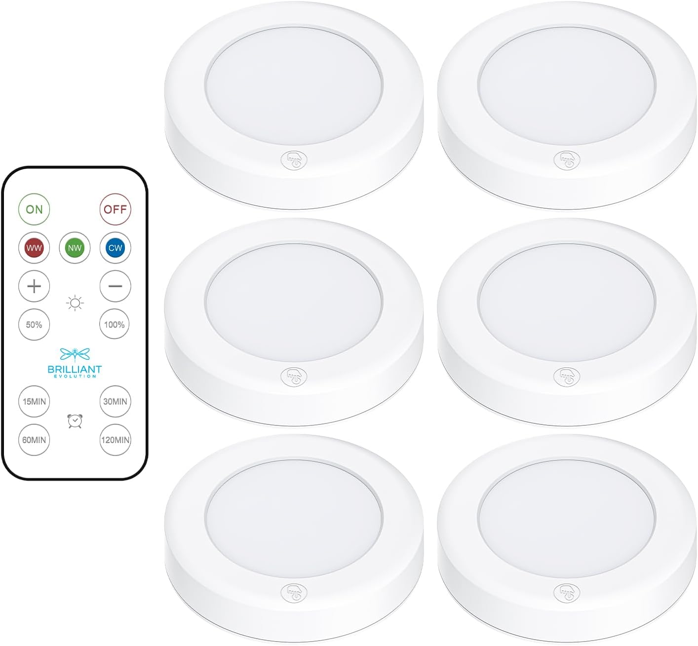 Brilliant Evolution LED Tap Light Push Lights with Remote - 6-Pack Battery Operated Under Cabinet Lights - Stick On Puck Lights for Kitchen, Closet, and Night Lighting - Wireless Warm White, 55 Lumens White 6