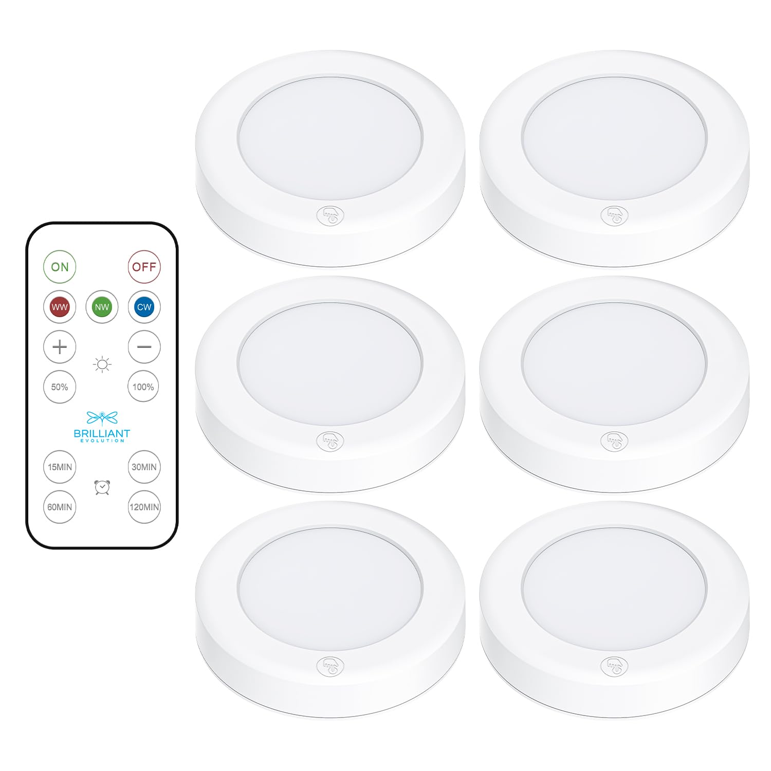 Brilliant Evolution LED Tap Light Push Lights with Remote - 6-Pack Battery Operated Under Cabinet Lights - Stick On Puck Lights for Kitchen, Closet, and Night Lighting - Wireless Warm White, 55 Lumens