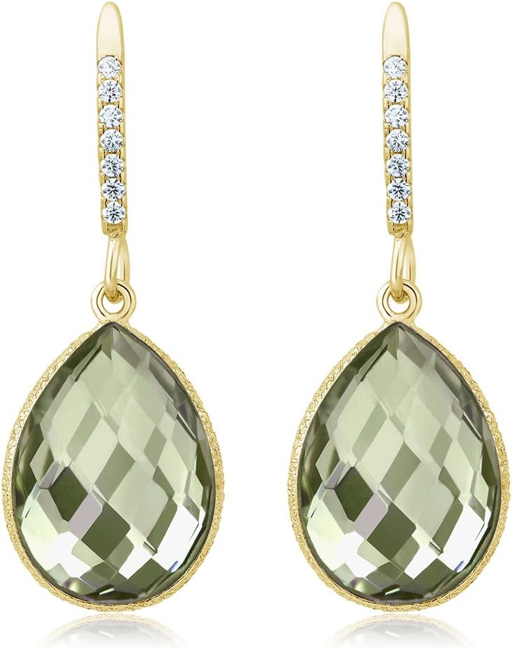 Gem Stone King 13.00 Cttw Green Prasiolite 16X12MM Pear Shape 18K Yellow Gold Plated Silver Dangle Earrings For Women