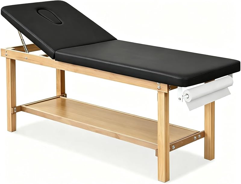Mesa de examen médico con dispensador de rollo de papel y estante de almacenamiento debajo, cama de tratamiento con respaldo ajustable de 27,5 pulgadas de ancho, marco de madera maciza, capacidad de peso de 400 libras para clínica y terapia en el hogar