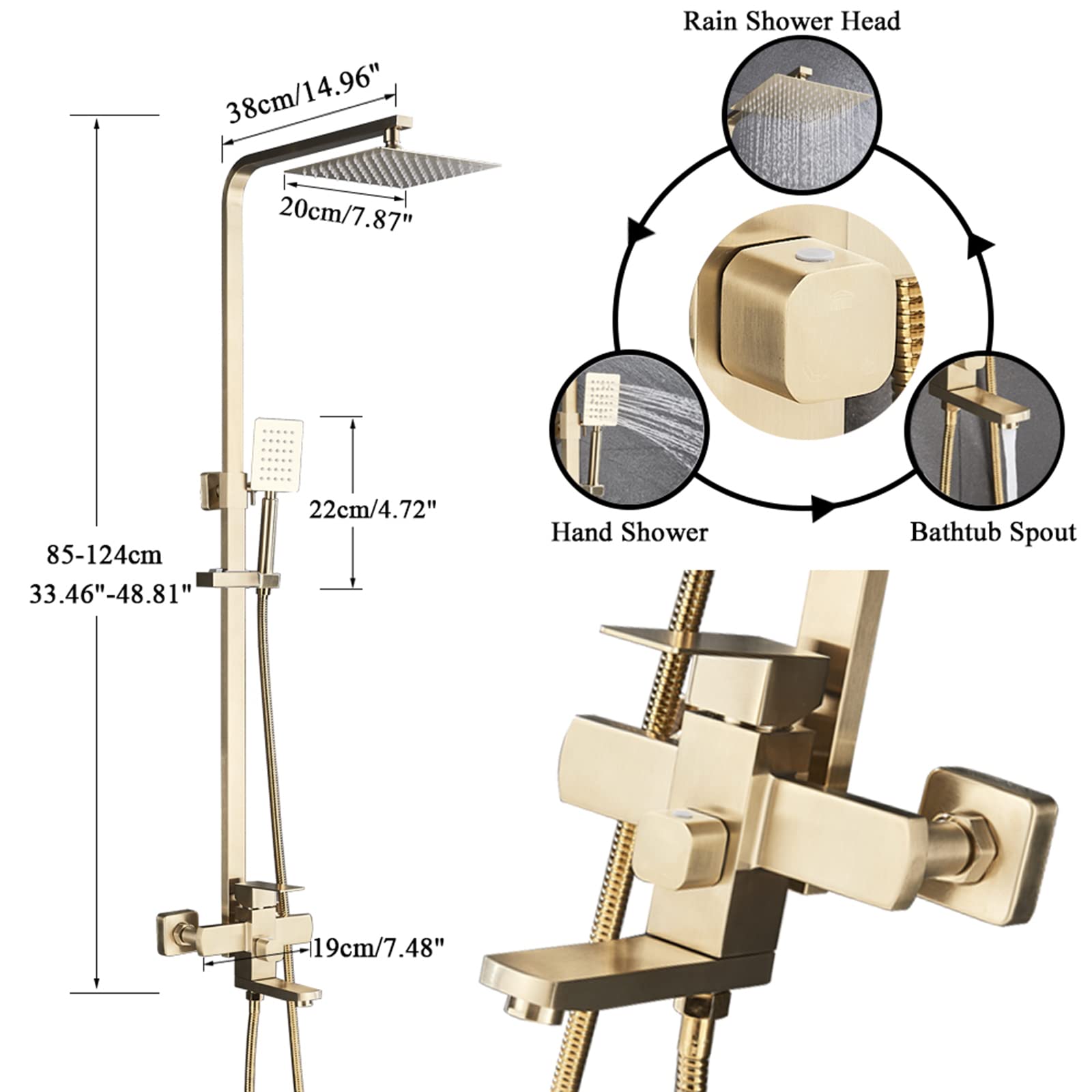 Set Doccia dal Design Moderno, Set Rubinetto Doccia, soffione Doccia a Pioggia in Oro Spazzolato a Parete con soffione Quadrato da 20 cm e doccetta, Colonna Doccia a Vista