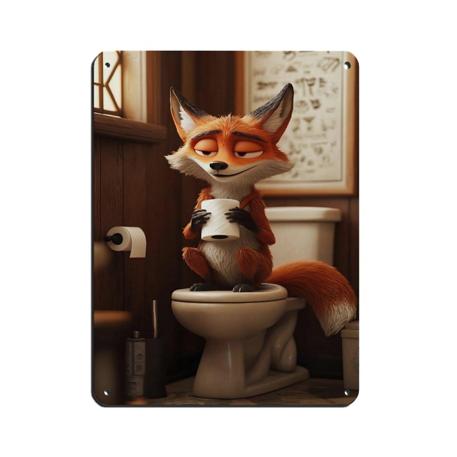Funny Fox BathroomCute Fox Holding Toilet Paper Tin Sign Vintage Metal Pub Club Cafe Bar Home Wall Art Decoration Poster Retro 12x16inch(30x40cm)