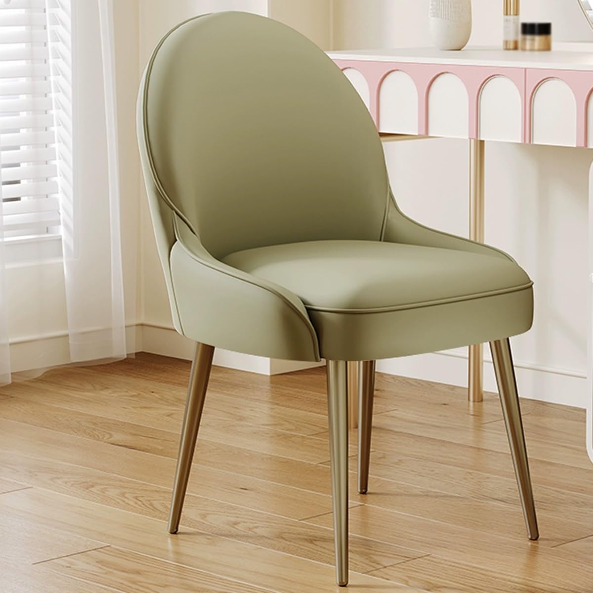 Kitchen Dining Chairs Leather Makeup Chairs with Comfortable Cushion Armless Chair with Metal Legs Modern Leather Living Room Accent Chair for Bedroom, Reception, Office(Green,Gold Legs)