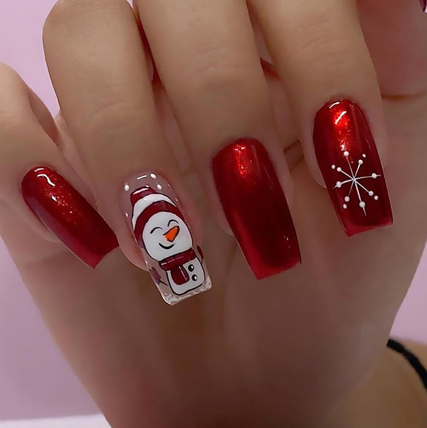 Christmas Press on Nails Square Medium Fake Nails Red Aurora False Nails With Snowman Snowflake Designs Full Cover Stick on Nails Acrylic Winter Xmas