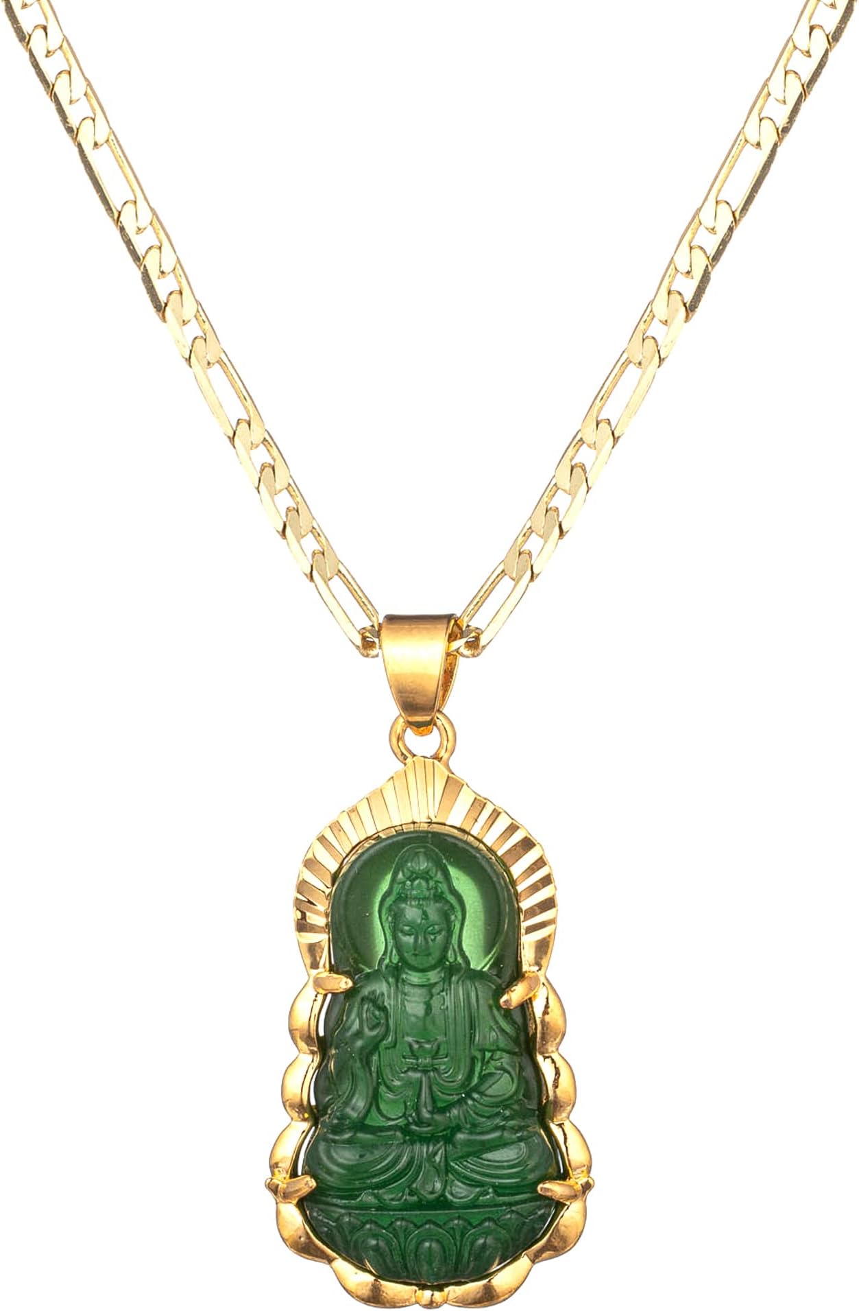 kelistom18K Gold Plated Green GUANYIN Buddha Pendant Necklace for Women Men Buddhist Ornament Maitreya Buddha Amulet Hinduism 3MM Flat Figaro Necklace Chain
