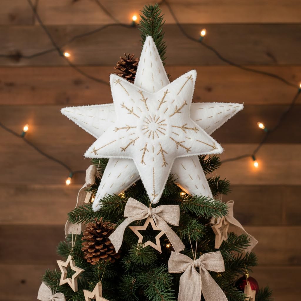 Felt Star Christmas Tree Topper 8.7" x 8.7" (22 x 22 cm) – Soft White Tree Top Star Decoration, Lightweight Scandinavian Farmhouse Holiday Decor, Cozy Felt Christmas Tree Topper