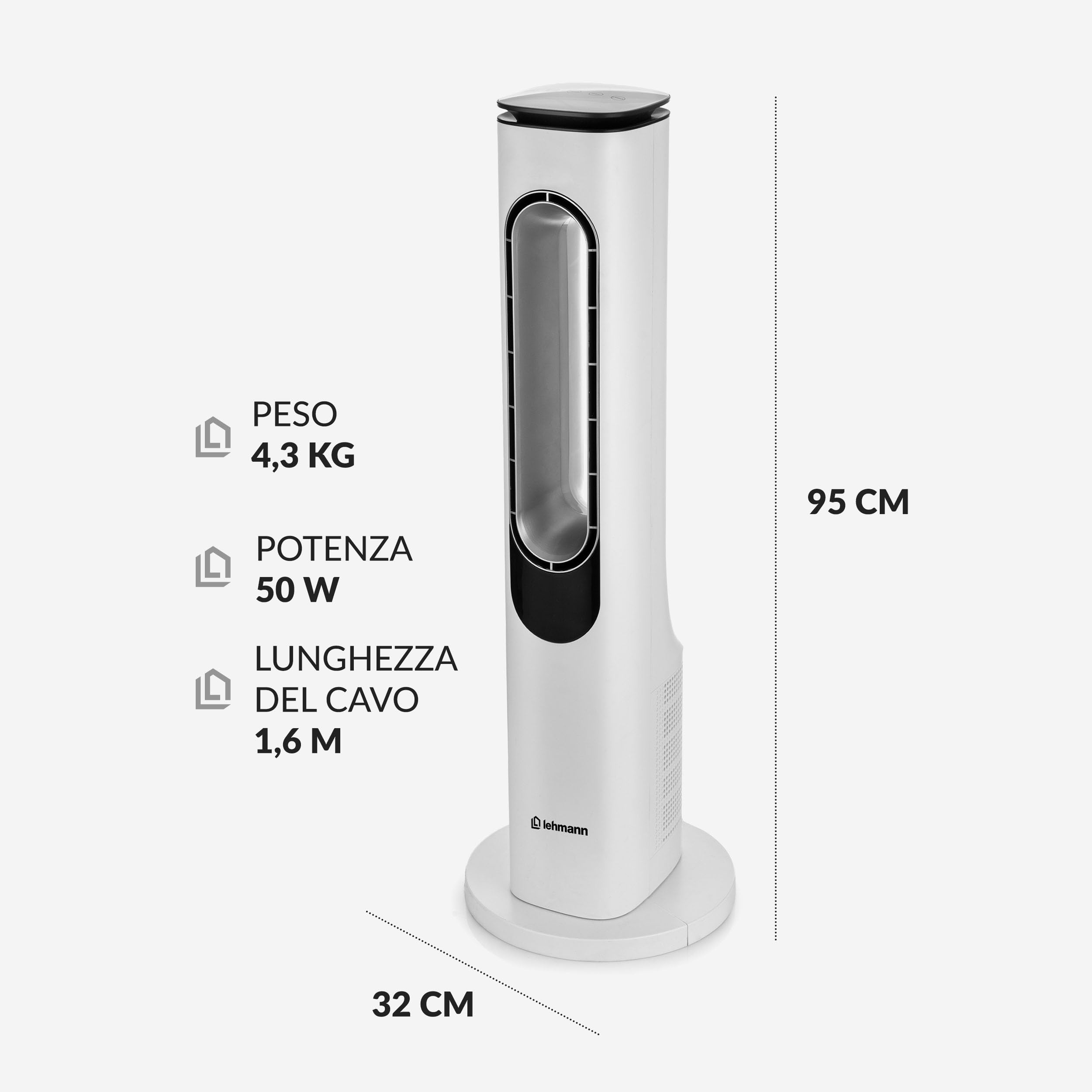 LEHMANN Ventilatore a Torre senza Pale, Ventilatore a Colonna Silenzioso con Modalità Notte, Telecomando, Schermo LED, Timer 1-15 h, 3 Velocità, 3 Modalità, 3 Colori di Illuminazione, Oscillazione