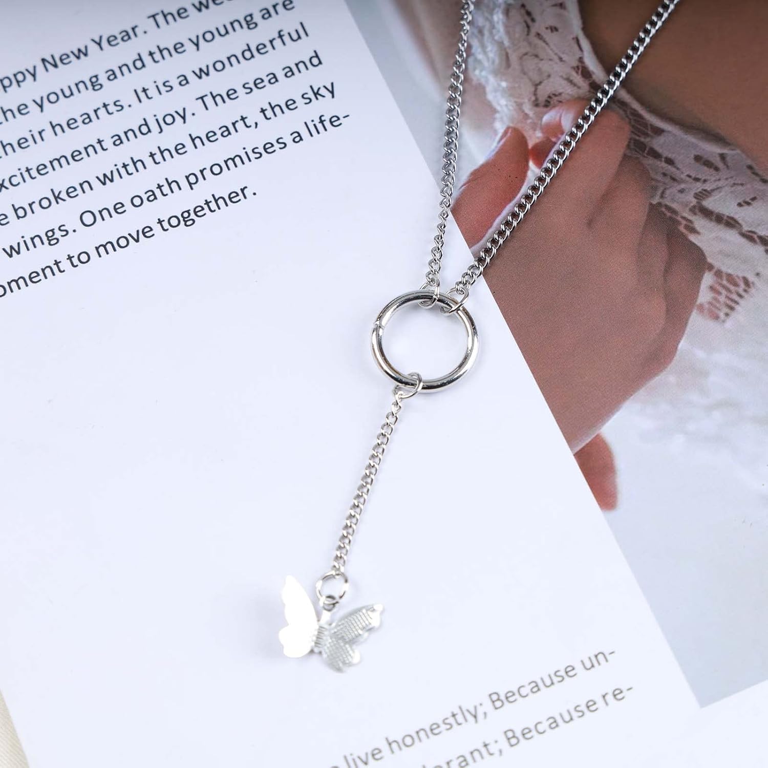 Boho Silver Butterfly Lariat Necklace Choker Butterfly Pendant Necklace Circle Y Drop Necklaces Jewelry for Women - Image 4