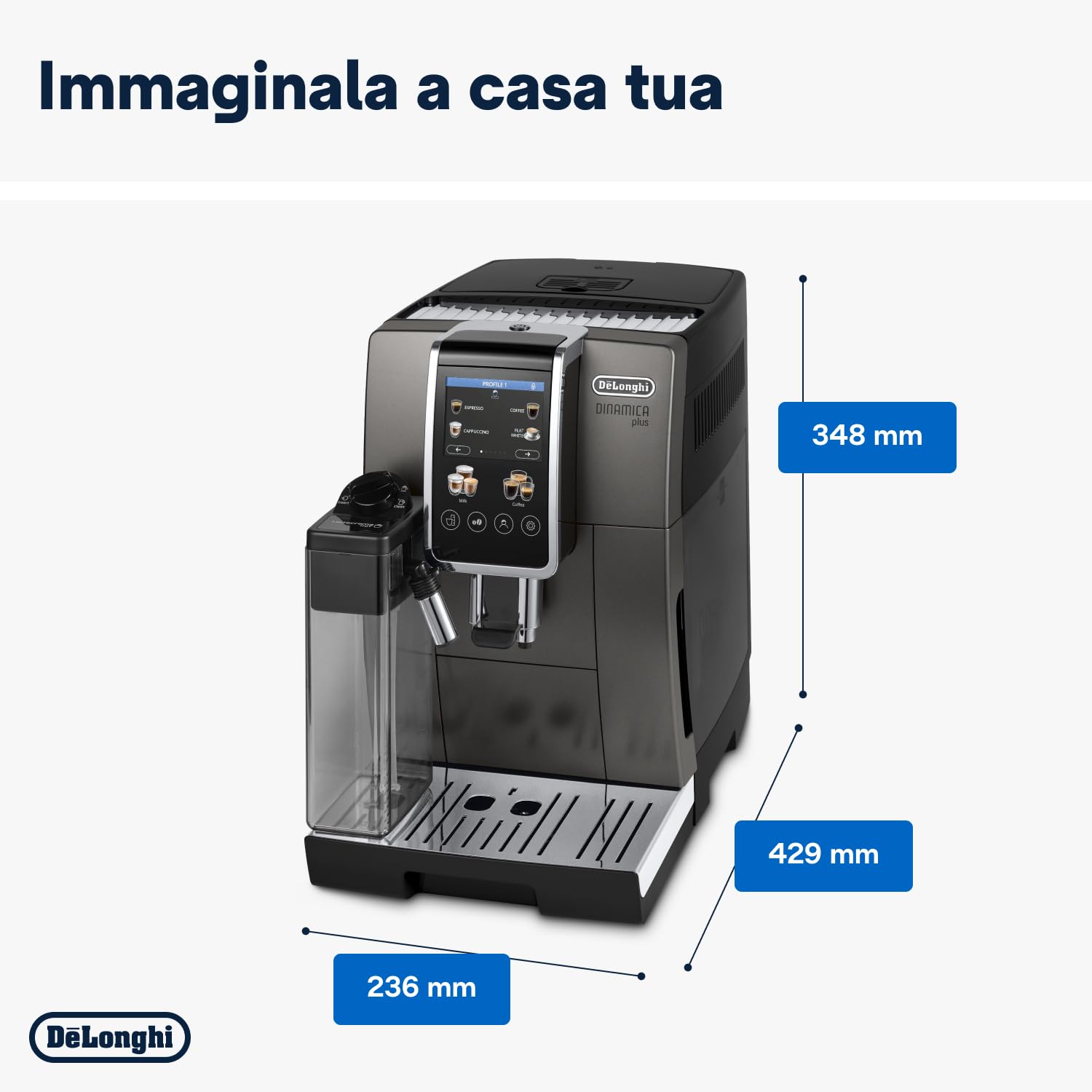 De'Longhi Perfetto Dinamica Plus ECAM380.95.TB, Macchina Automatica per Caffè in Chicchi, Caraffa Montalatte Automatica, 24 Bevande One Touch, Schermo Touch, Spegnimento Programmabile, Titanio