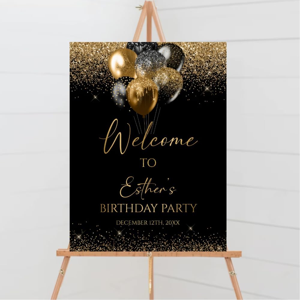 Customized Birthday Party Welcome Sign, Black And Gold Balloons Birthday Welcome Poster, Glitter Confetti Birthday Decoration, Birthday Party Sign