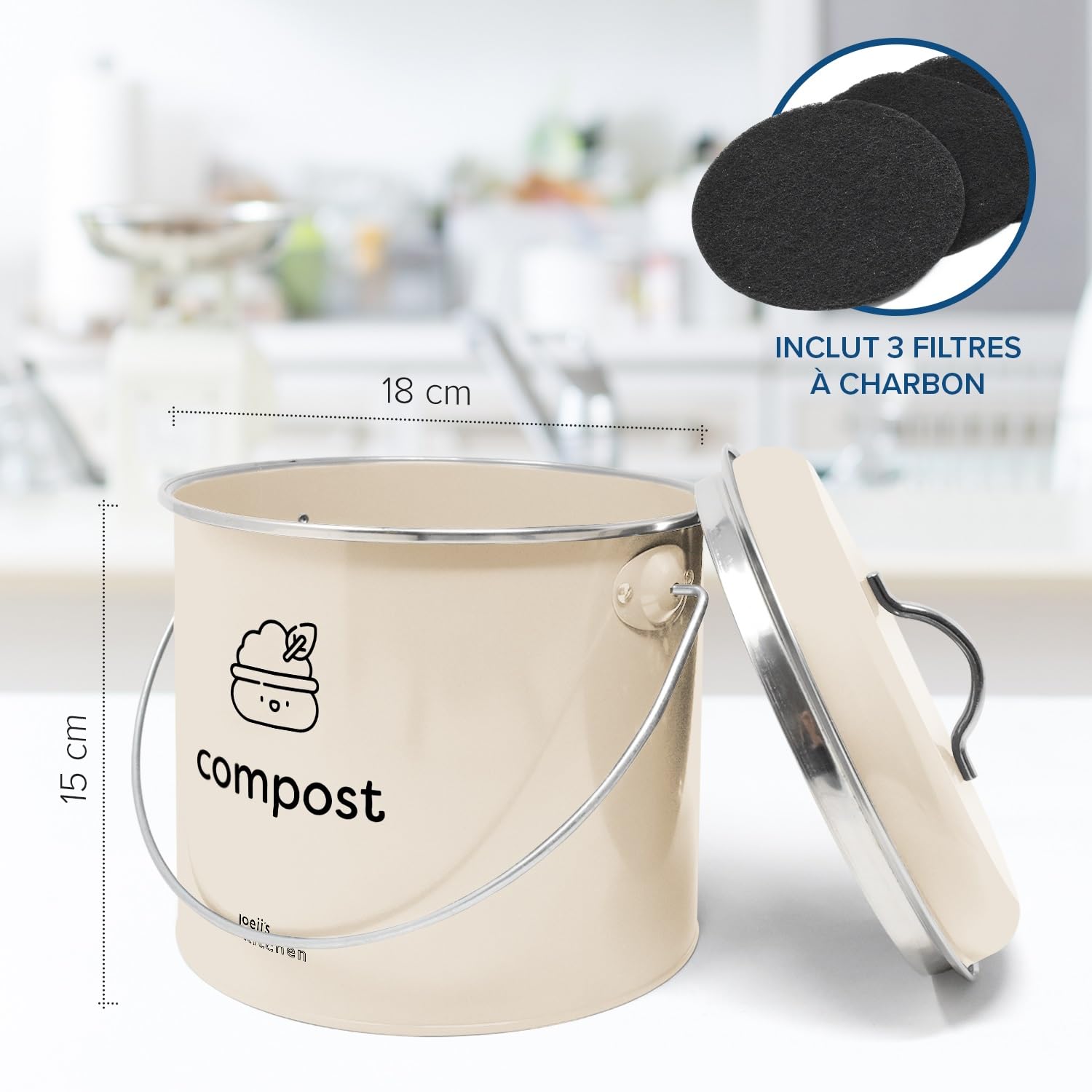 Bac à Compost 3,5 l – Compost de Cuisine Compact en Acier Galvanisé avec Filtres à Charbon