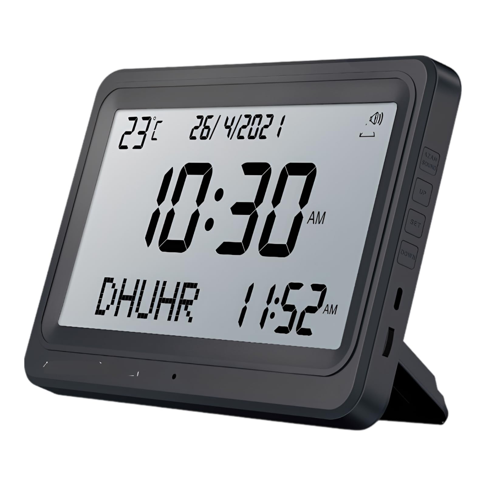 Horloge Azan Clocks pour l'appel à la prière musulmane avec son, pour la maison, bureau ou table, calendrier islamique numérique et affichage de température, réveil de prière USB ou piles, noir