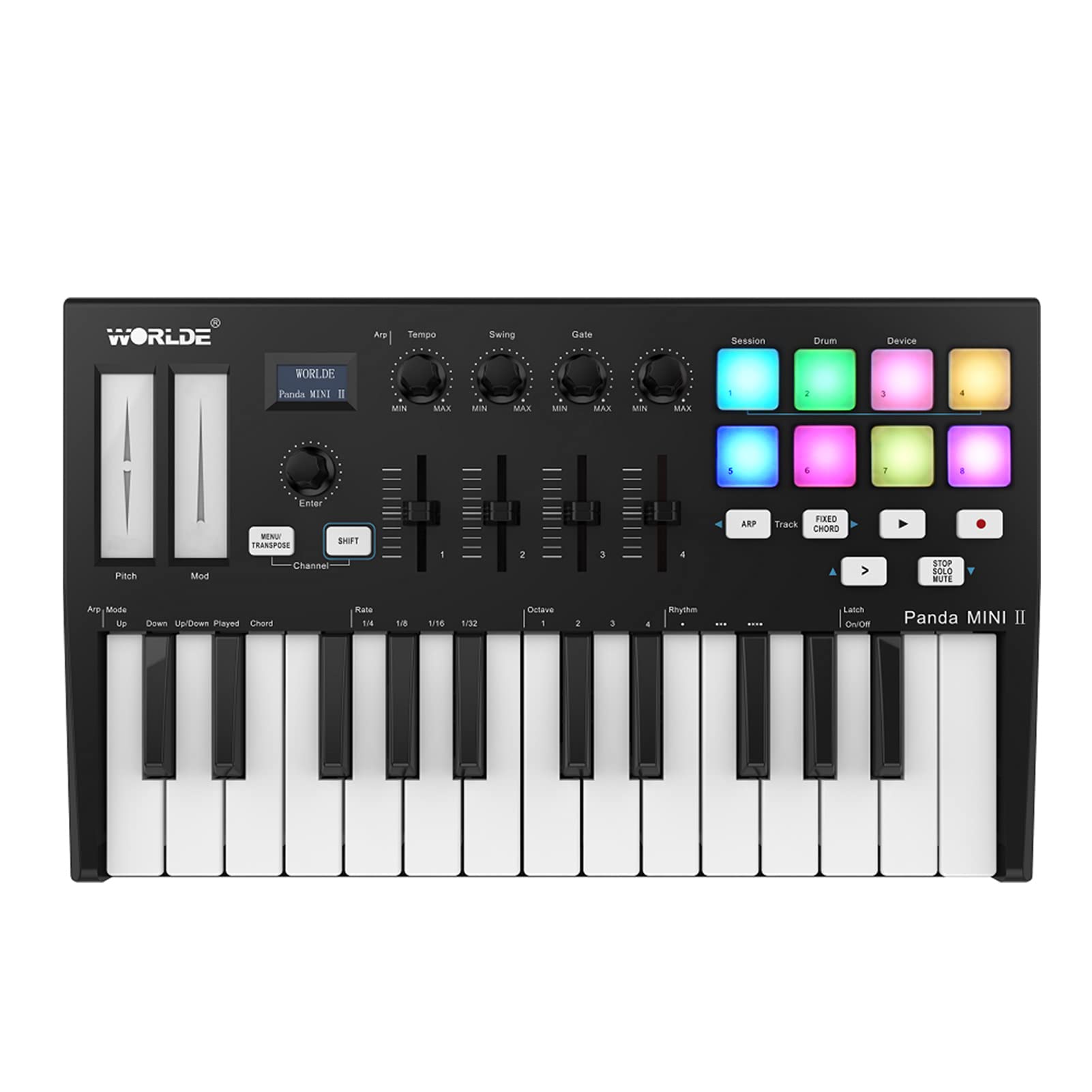 IrovamiMIDI Controller, Panda MINI II Portable 25-Key USB MIDI Keyd Controller with 8 RGB Backlit Trigger Pads 4 Assignable Control Knobs 4 Assignable Sliders