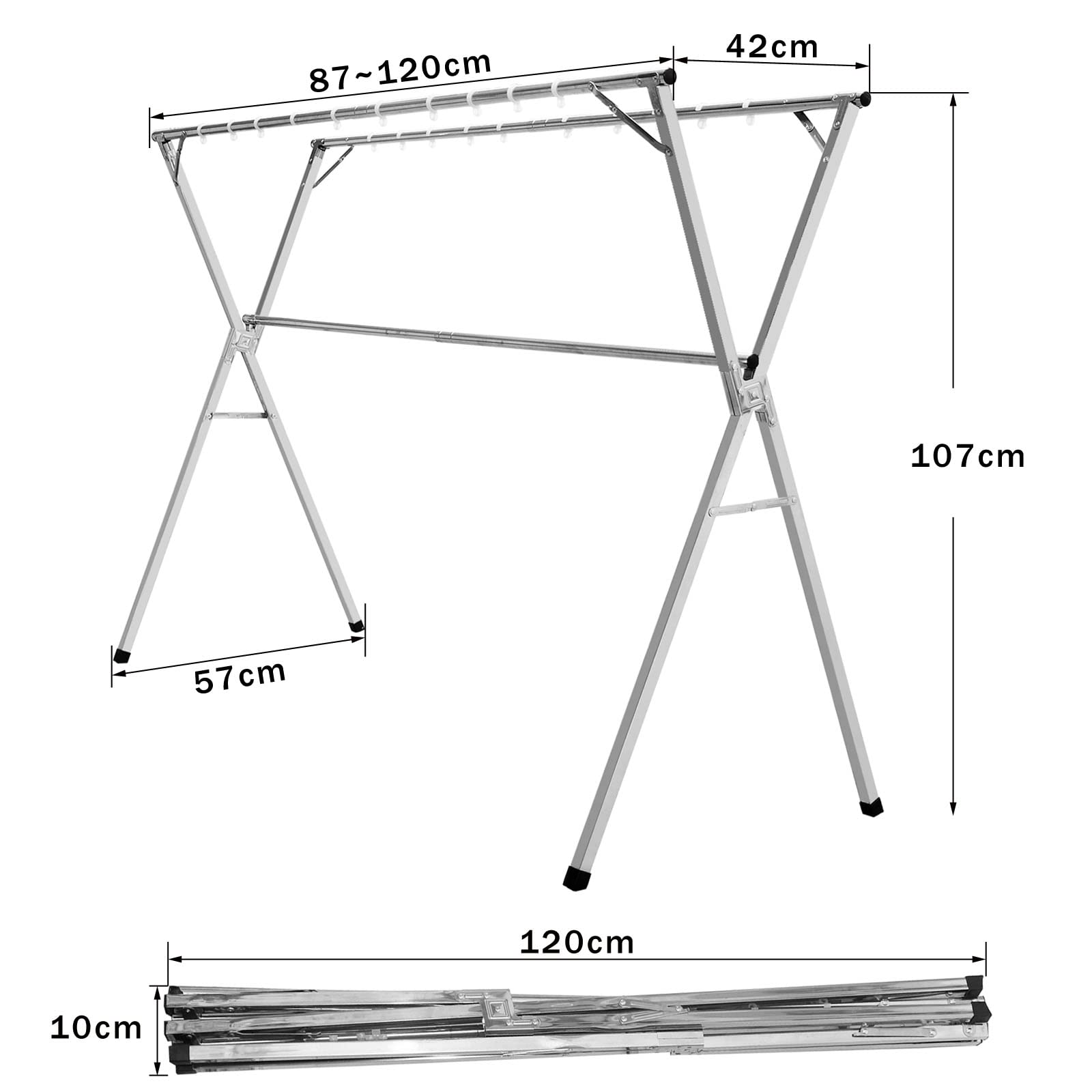 IBVIVIC Droogrek, inklapbaar, staand droogrek, kledingrek 87-120 cm (uittrekbaar), met 20 winddichte PP-haken, geen montage nodig, ruimtebesparend, voor thuis, van roestvrij staal, zilver