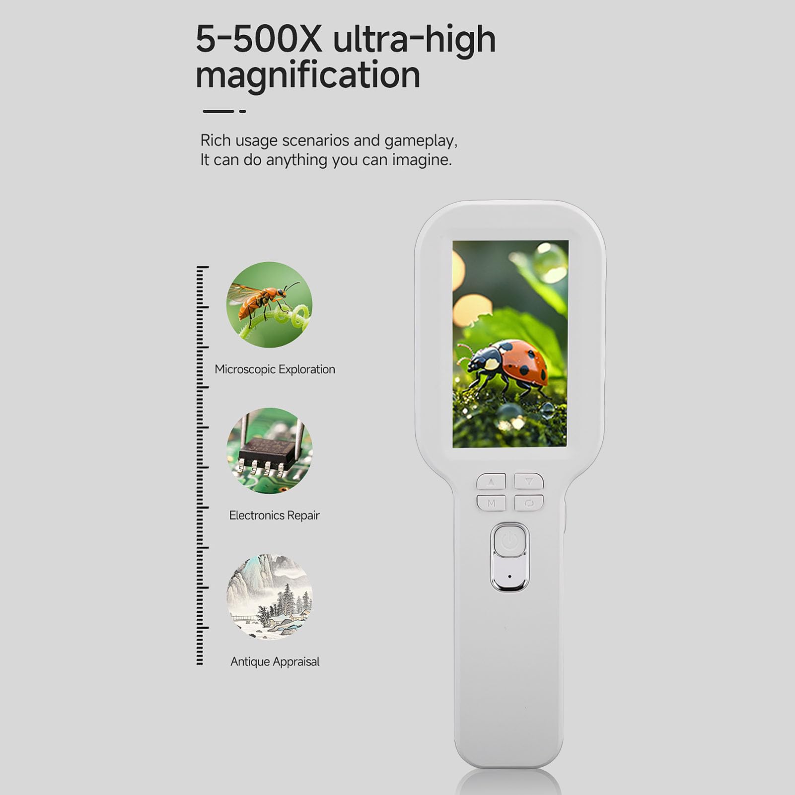 Microscopio Digital Portátil, Microscopio de Bolsillo de Mano con Doble Lente de Aumento 5X 500X, Digital de Mano con 3 Modos de Trabajo 16 Luces LED para Evaluación de Joyas (White)
