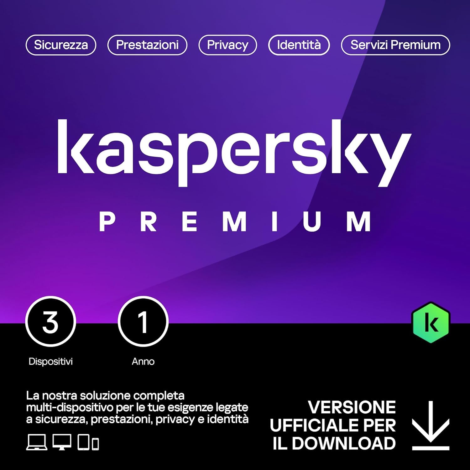 nextradeitalia Kaspersky Premium 2024 PC/Mac/Android/iOS -1 Anno- 3 DISPOSITIVI