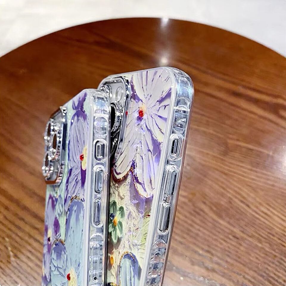 Image of Elzzi Compatible with iPhone 16 Pro Case Oil Painting Flower Colorful with Len Prtotection Shockproof PC+TPU Glossy Back Cover for Girls Women, Green