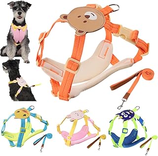 Cartoon Dog Harness and Leash Set No-Pull Ultra-Lightweight Puppy Vest Harness Outdoor Adjustable Breathable for Girl Boy Pet Cat Kitten Beige Orange Bear Large