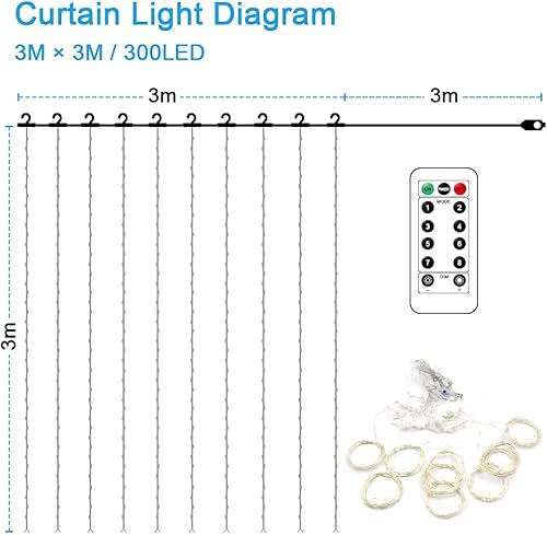 Miniatura 3 de 300 luces LED para cortina de ventana 8 modos de iluminación de 98 pies x 98 pies luces decorativas USB impermeable jardín luces de hadas con