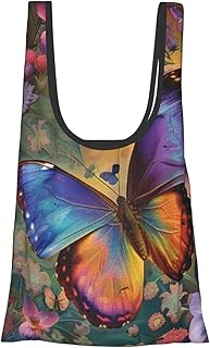 [RFSHOP] フラワーバタフライ 再利用可能なショッピングバッグ 再利用可能なショッピングバッグ カジュアル 折りたたみトートバッグ ハンドル付き ブラック フリーサイズ