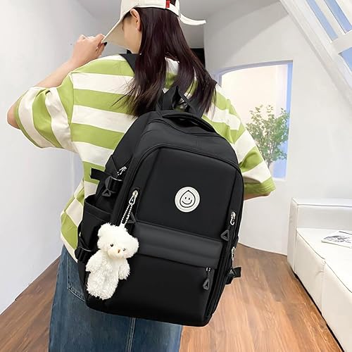 Miniatura 3 de 5pcs Mochila Set Gran Capacidad Patchwork Bookbag Lona con Colgante, Negro, Mediana, Casual