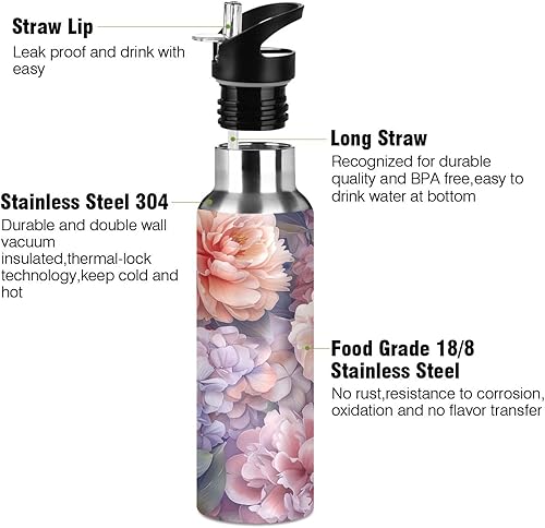 Miniatura 3 de BPA-Free Sport Water Bottle Insulated 20 Oz, Stainless Steel Vacuum Insulated Water Bottle for Gym Outdoor Travel School, Watercolor Peonies