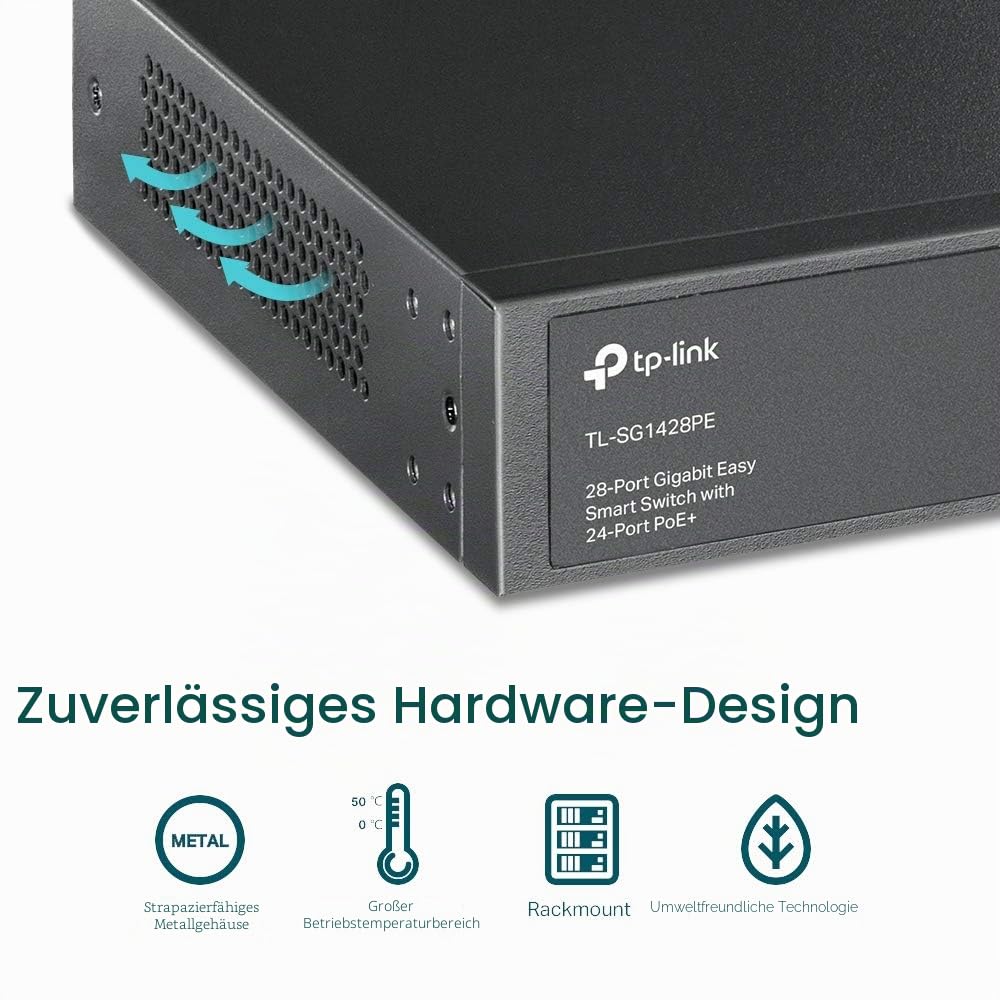 TP-Link TL-SG1428PE 28-Port Gigabit Easy Smart Switch mit 24 PoE+ Ports(2SFP Slots, 250 Watt, geschirmte RJ-45 Ports, einfache Konfiguration, ideal für kleine und mittlere Unternehmen) Schwarz