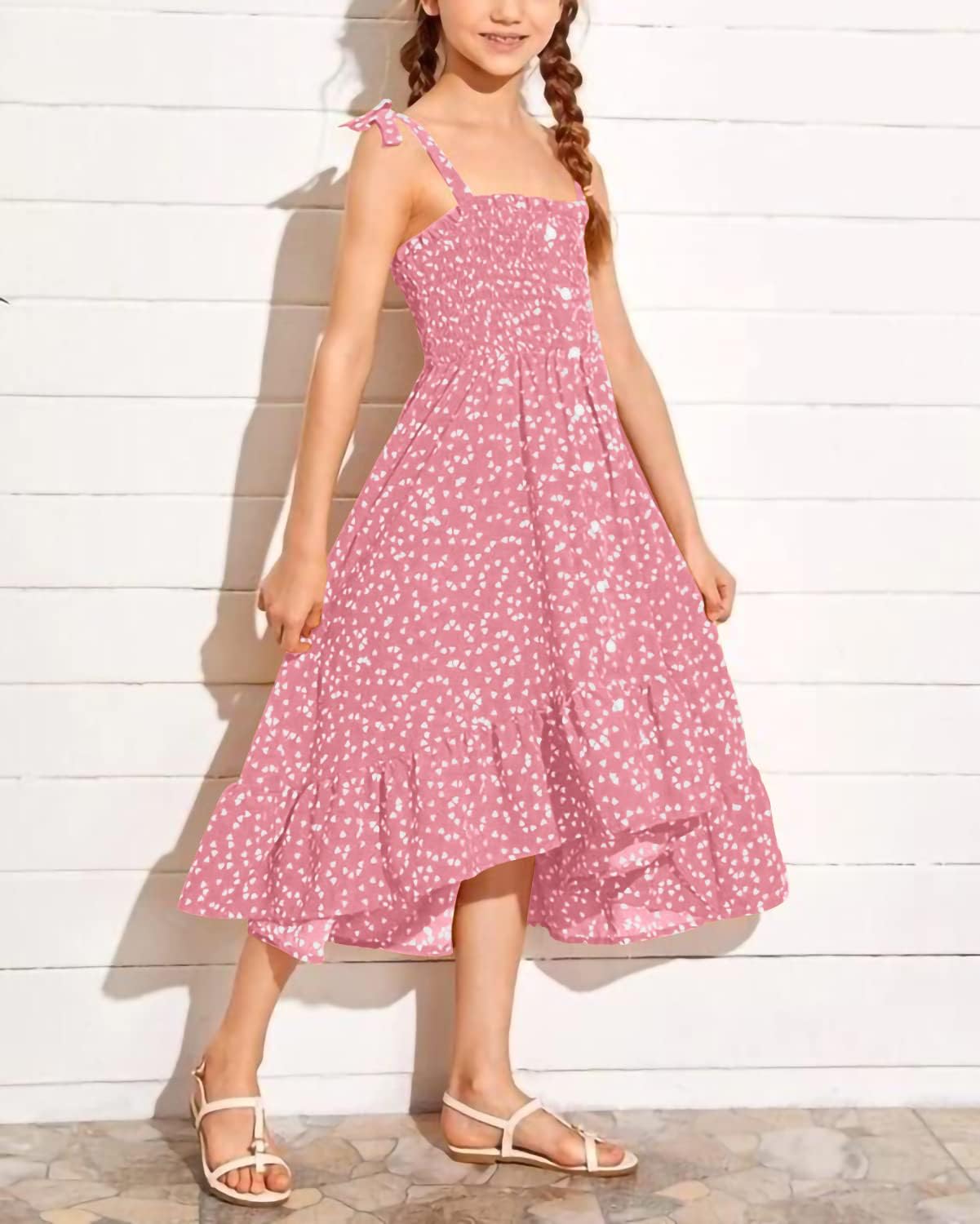 Girls Summer Dress Kids Sleeveless Tie Strap Boho Beach Midi Dress Smocked Ruffle Flowy Sundresses - Image 3