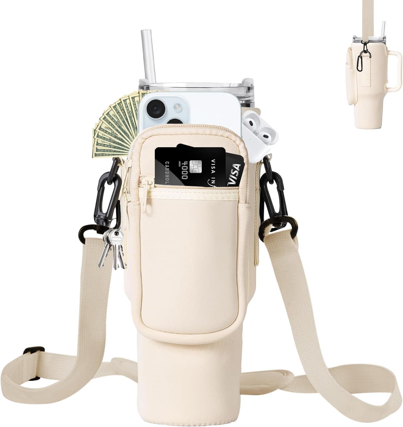 Water Bottle Holder With Strap for Stanley 40 oz Tumbler With Handle, With Cell Phone Pocket and Adjustable Shoulder Strap Tumbler Accessories for Stanley - Water Bottle Sleeve For Outdoors