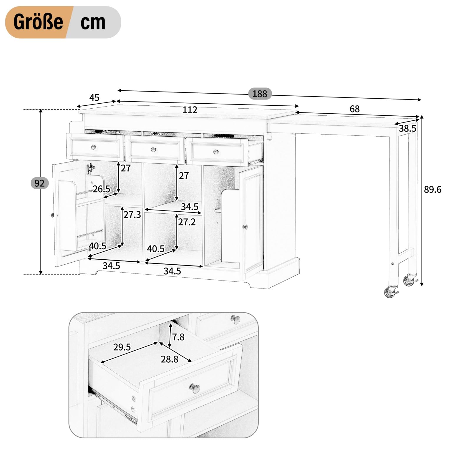 YEHTOKHOME - Tavolo da cucina espandibile a isola, 112-188 cm, tavolo da pranzo grigio con 3 ripiani e carrello per 4-6 persone, perfetto per sala da pranzo e intrattenimento