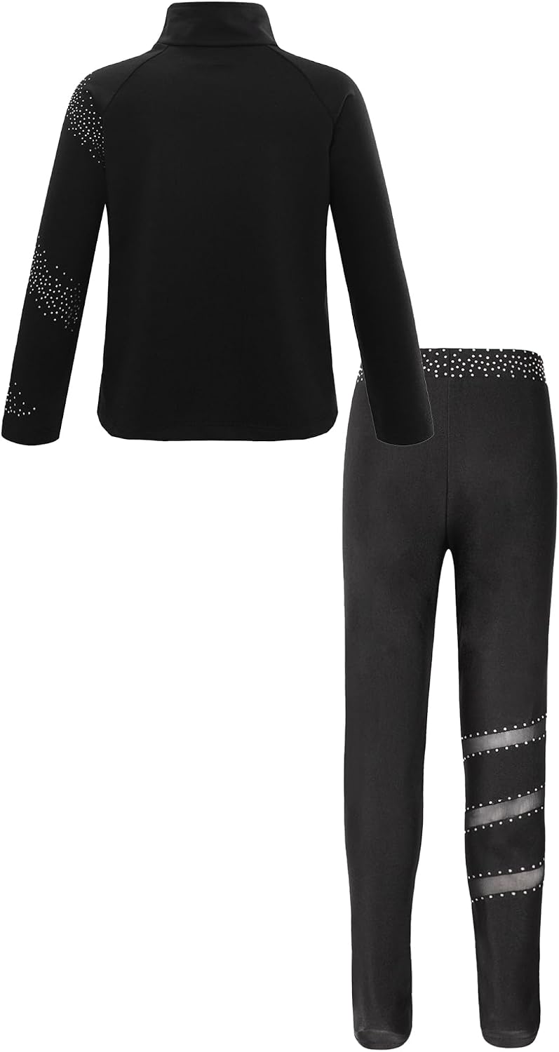 Freebily Kids Girls Rhinestone Figure Ice Skating Jacket Top with Figure Skating Practice Pants Set Sport Outfits