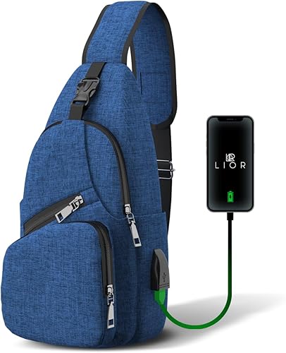 Mochila bandolera de senderismo con carga USB, mochila multiusos con puerto USB, Azul, Moderno