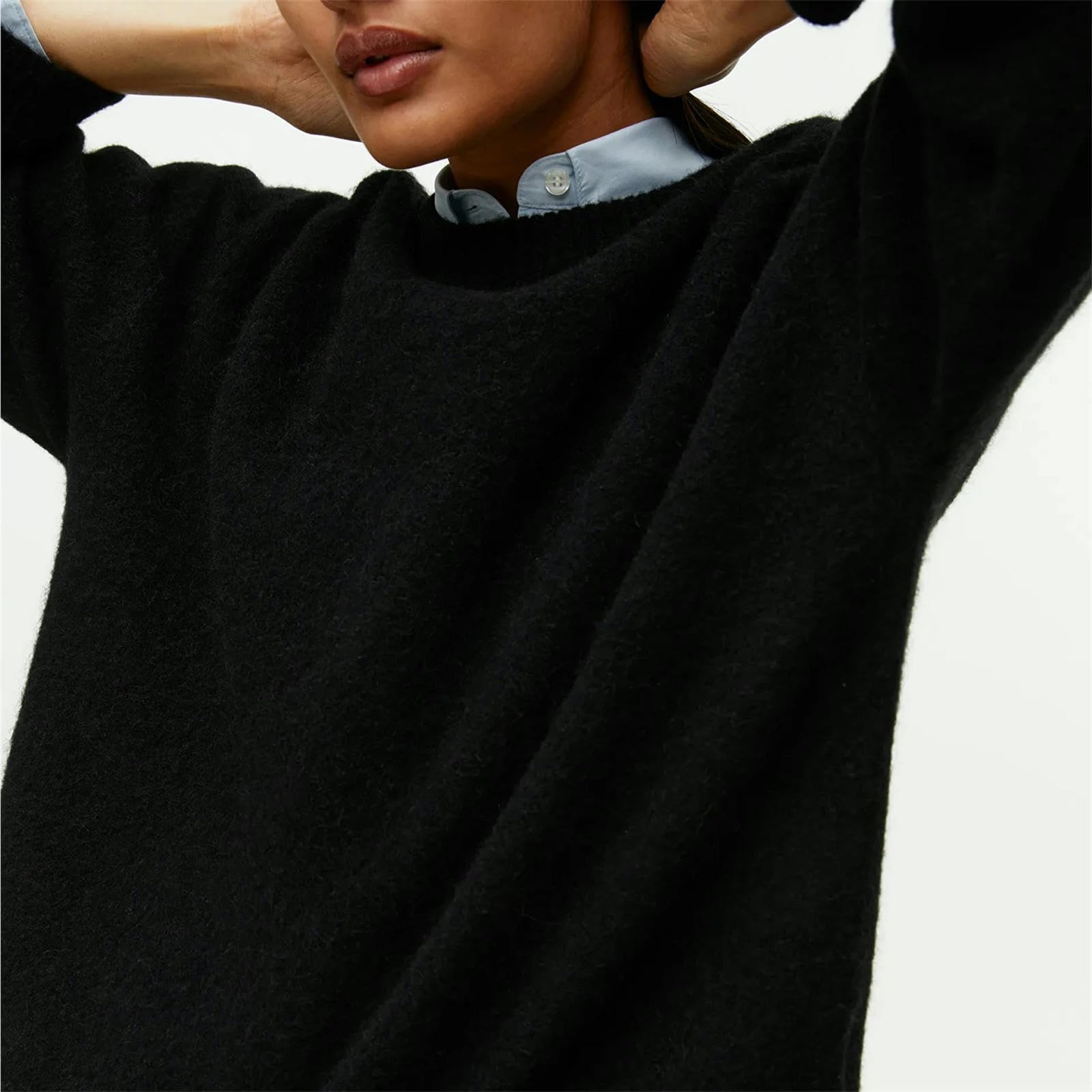 Sweter O Neck Lampion Rękaw Sweter Kobiety Dzianinowe Swetry Damskie Topy-Czarny-M