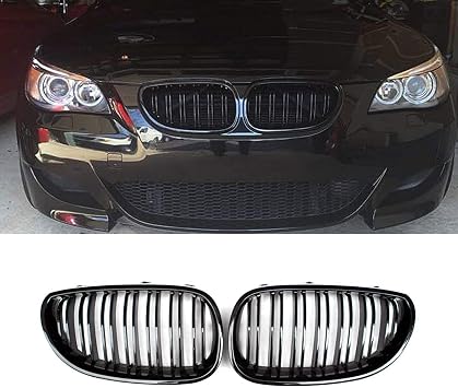 Gloss Black Double Fin Left and Right Set Radiator Grille for BMW 5 Series E60 E61 2004-2009