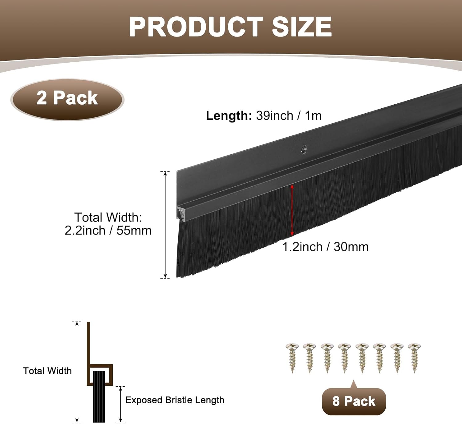 M METERXITY 2Pack Door Sweep - 39" Door Bottom Brush Heavy Duty Seal Draft Stopper Aluminum Base with 30mm Brush, Adhesive/Screw Installation for Interior/Exterior/Garage/Sliding Doors, Black