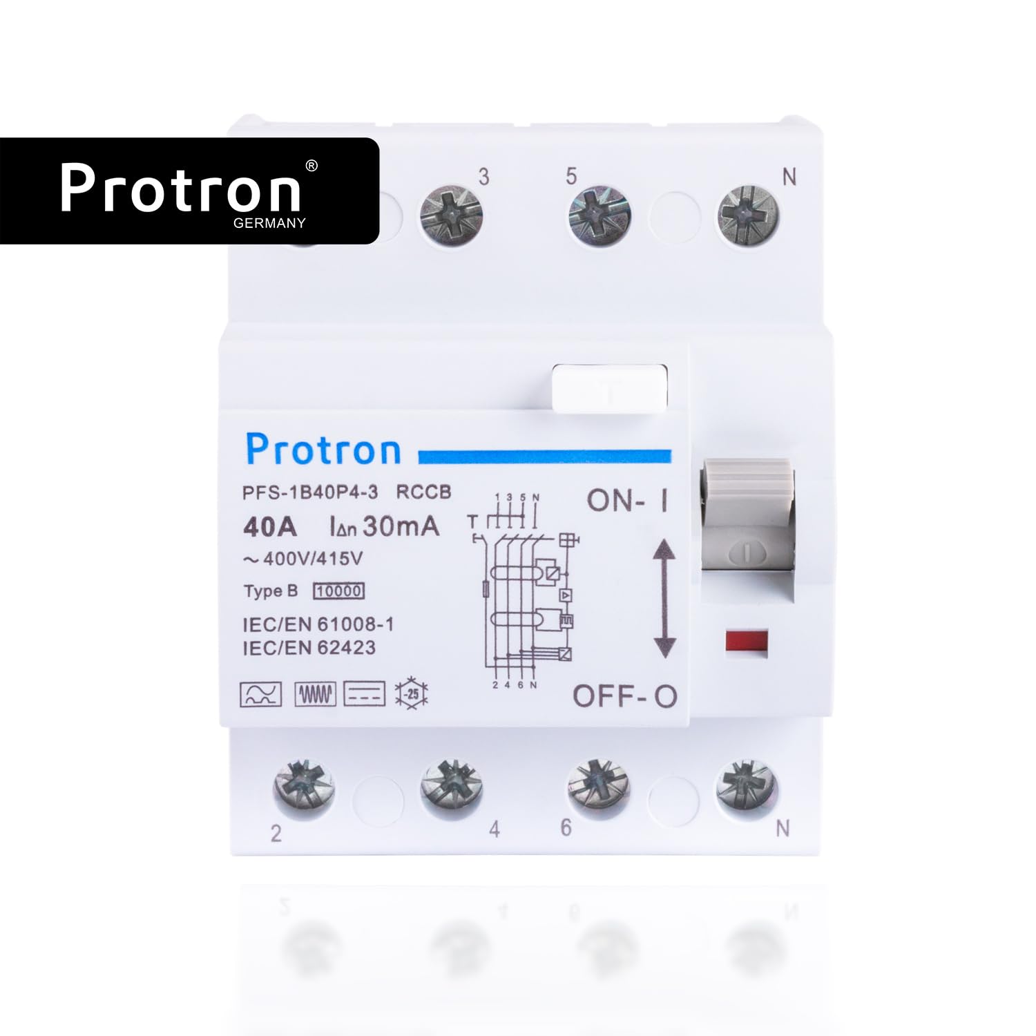 Protron FI Fehlerstromschutzschalter FI Typ B Allstromsensitiv 4P, RCCB RCD für PV Anlage Wallbox E-Auto (40A-300mA)