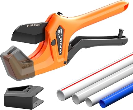 PINOZE PVC Pipe Cutter - 3 Inch Max Opening, Heavy-Duty Ratchet Pipe Cutter Tool with Stabilizer for PVC, PPR, PE, PEX, Plastic Hoses & Plumbing Pipes with Teflon Coated SK5 Blade