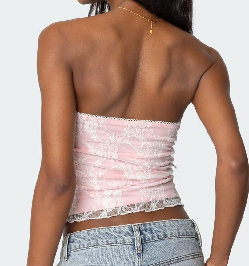 NUFIWI Women Floral Lace Tube Top Sexy Strapless Backless Sheer Bandeau Tops Y2k Frilled Going Out Tank Tops - Image 5