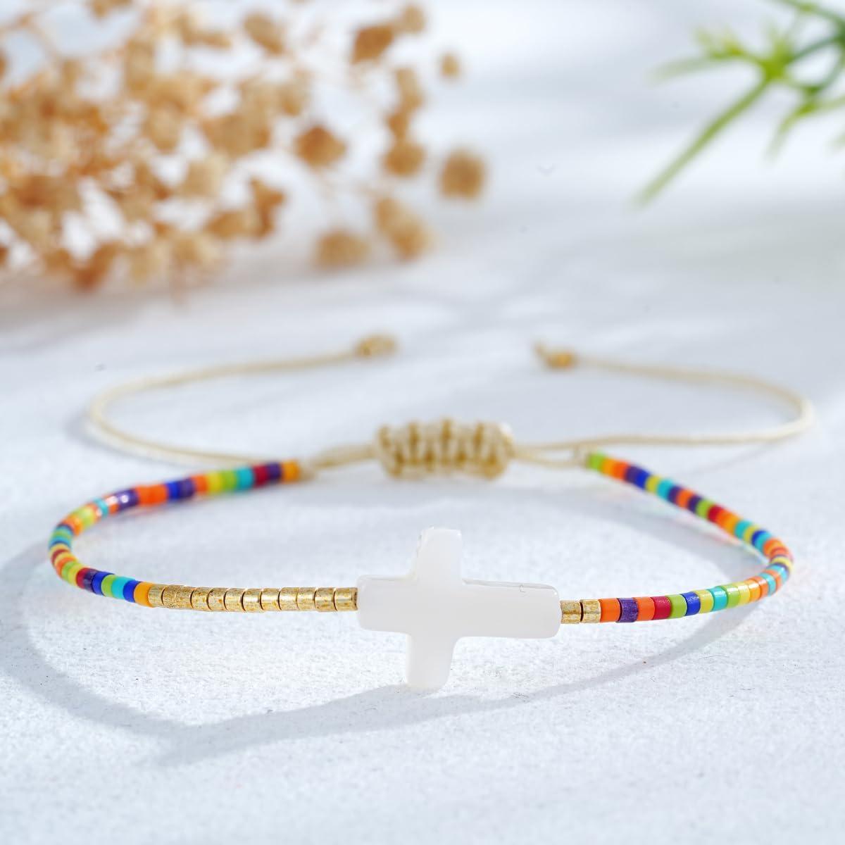 Boho Christian White Cross Colorful Seed Beaded Bracelets for Women Men, Handmade Romantic Latest Adjustable String Glass Gold Jewelry, God Christ Pray Daily Party Friendship Gift - Image 3
