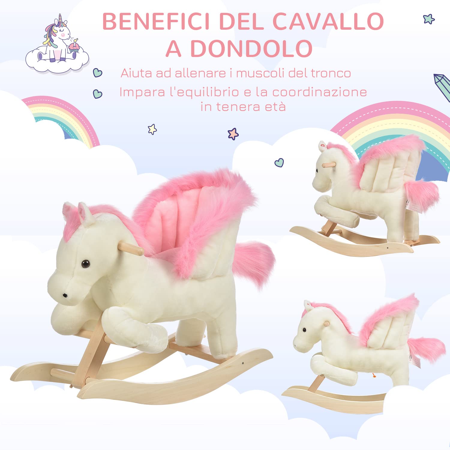 HOMCOM Cavallo a Dondolo Bianco e Rosa con Suoni e Struttura in Legno di Pioppo per Bambini 18-36 Mesi, 70x28x57cm