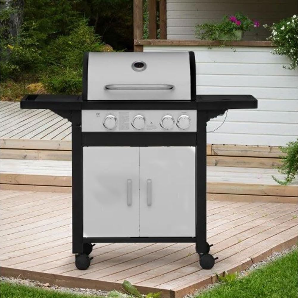 BAKAJI Barbecue a Gas Monterey 3 Fuochi Bruciatori Fornello Laterale Piastra Ghisa Griglia Termometro Coperchio